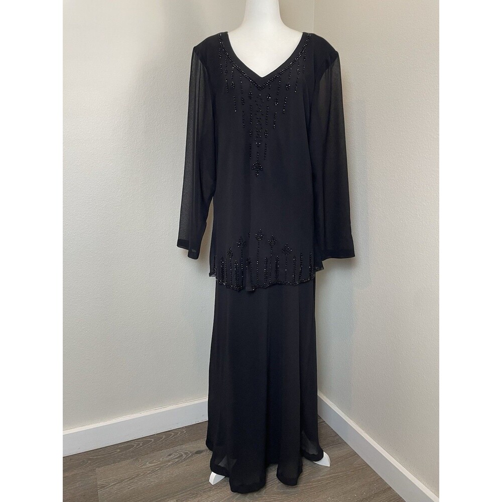 Ultra Dress New York Black Beaded Evening Gown Wedding Party Sheer Flowy-14w